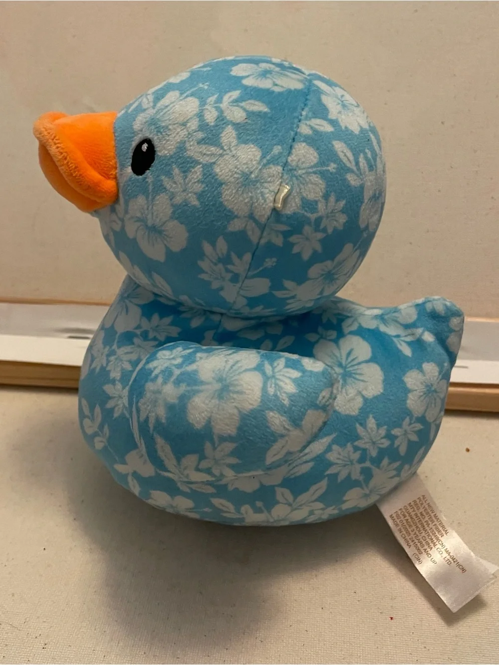 Blue Floral Plush Duck Toy with Orange Beak
